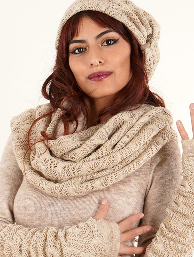 Écharpe snood en crochet beige mori, hiver chaud et confortable