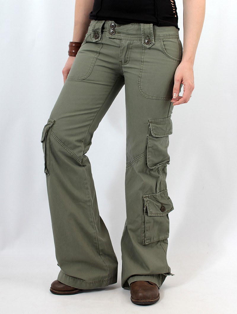 Baggy/pantalon femme, bas évasé et taille basse, 100% coton vert kaki,  Molecule