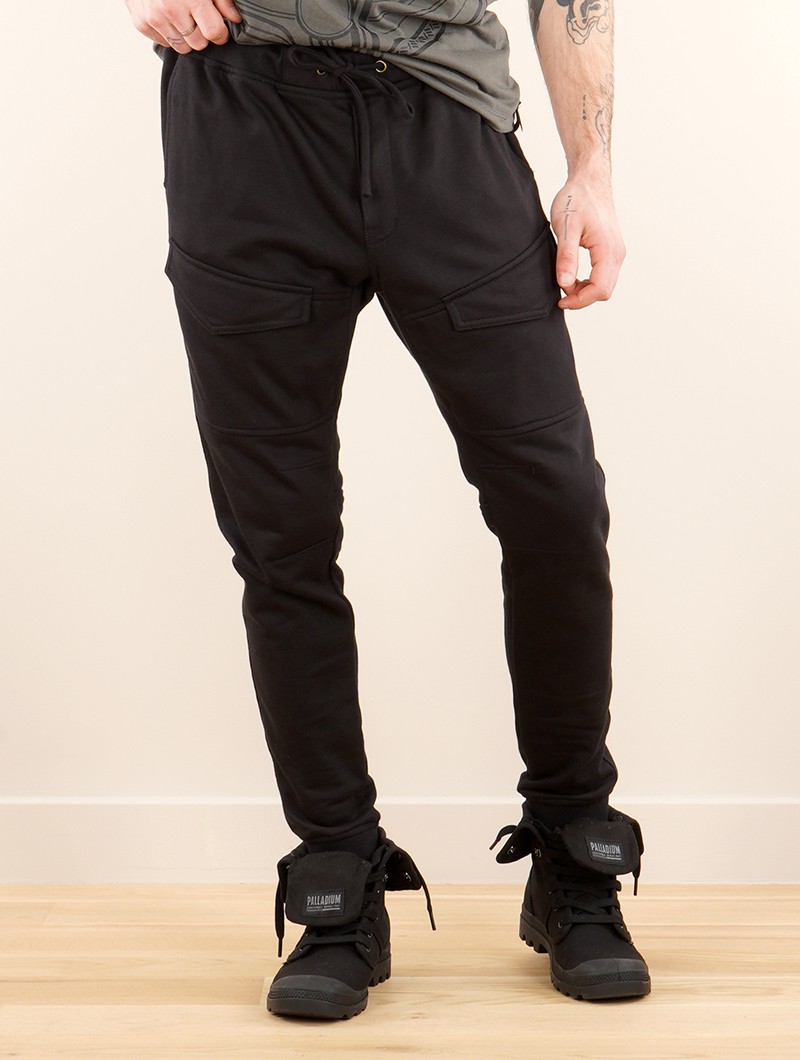 Pantalon cargo noir en coton twill, multi poches, coupe ajustée