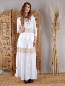 Robe longue boutonnée \ Heldaria\ , Blanc et crochet beige