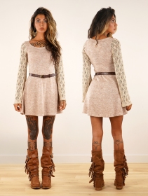 Robe patineuse manches crochet \ Müse\ , Beige