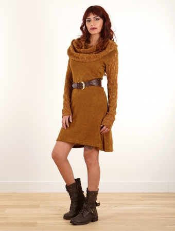 Robe pull patineuse  gros col et manches en crochet \ Nouchka\ , Rouille