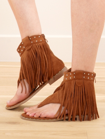 Sandales bottines à franges \ Apa\ , Marron camel