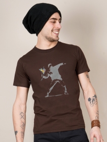 T-shirt manches courtes imprimé \ Banksy hooligan flowers\ , Marron