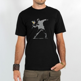 T-shirt manches courtes imprimé \ Banksy hooligan flowers\ , Noir
