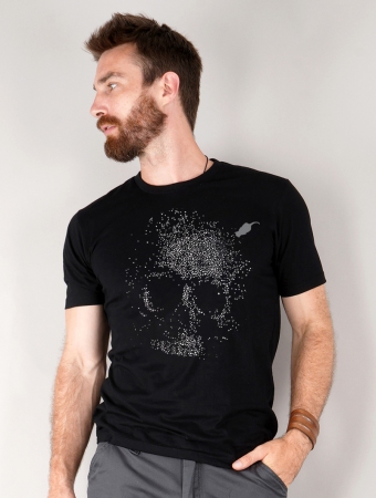 T-shirt manches courtes imprim \ Dots skull\ , Noir