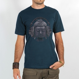 T-shirt manches courtes imprimé \ Headphone bouddha\ , Bleu foncé