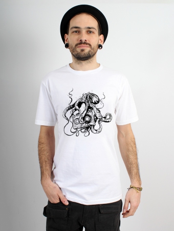 T-shirt manches courtes imprim \ Octopus k7\ , Blanc