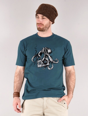 T-shirt manches courtes imprim \ Octopus k7\ , Bleu fonc