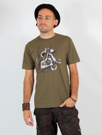 T-shirt manches courtes imprim \ Octopus k7\ , Vert kaki clair
