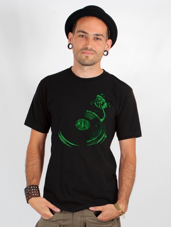 T-shirt manches courtes imprim \ Play record\ , Noir et Vert