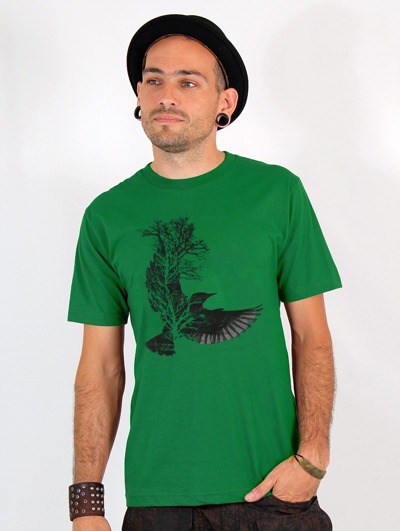 T-shirt manches courtes imprimé \ Tree crow\ , Vert